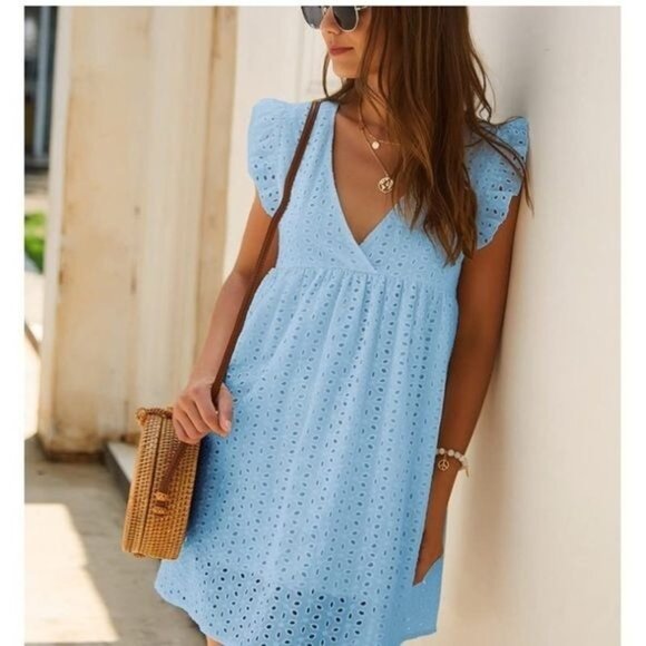Blue Eyelet Lace Ruffle Sleeve V-Neck Dress With Lining  Short & Back Zipper Clo - Picture 8 of 8
